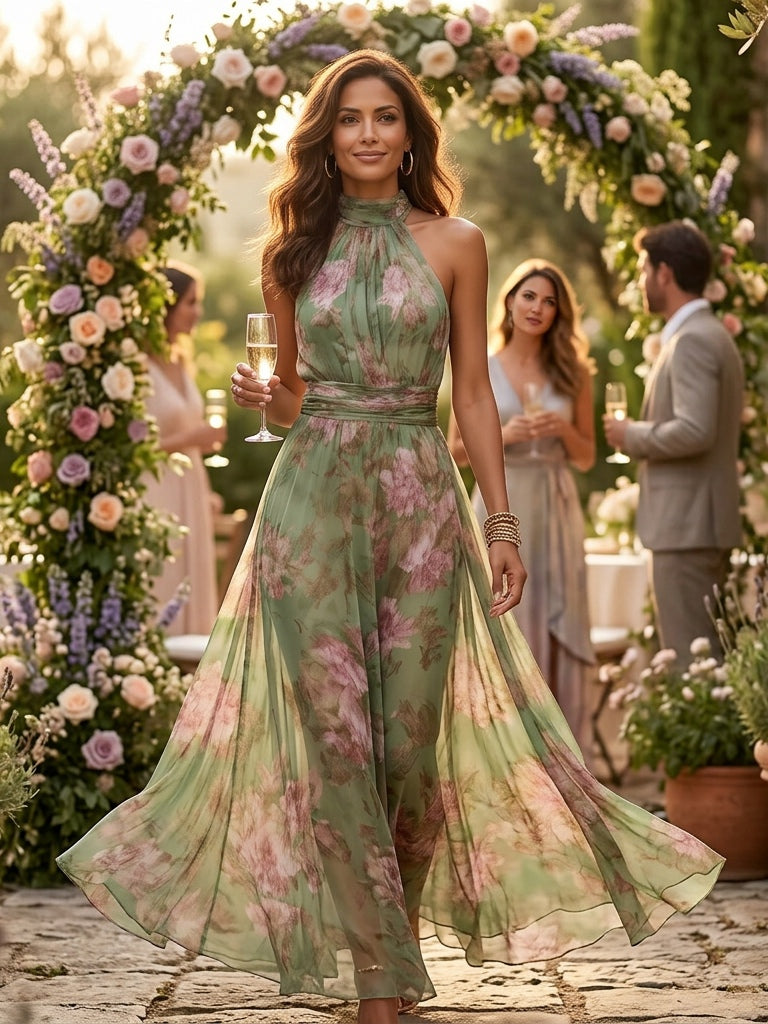 Adèle™ | Floral Chiffon Halter Maxi Dress