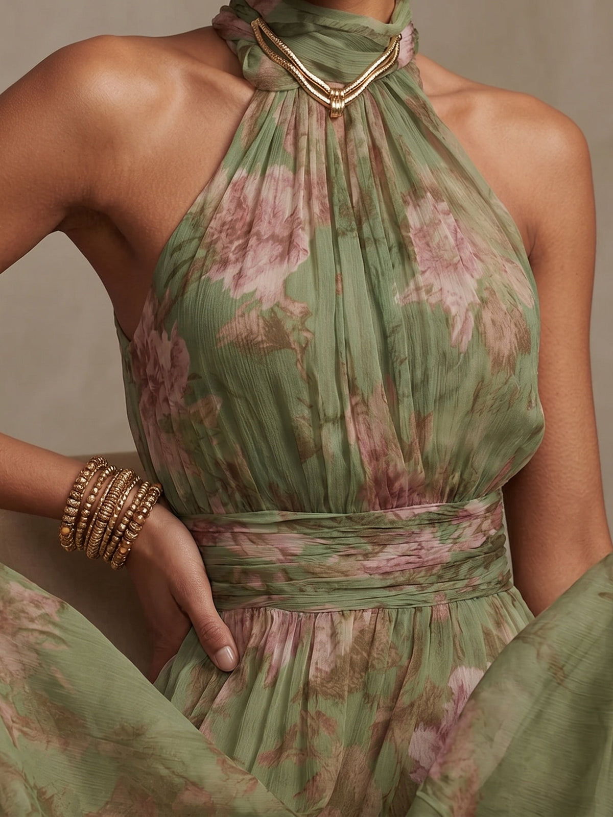 Adèle™ | Floral Chiffon Halter Maxi Dress