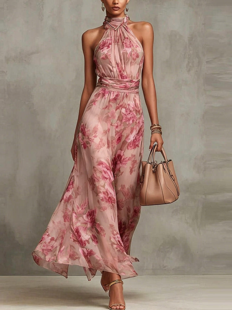 Adèle™ | Floral Chiffon Halter Maxi Dress
