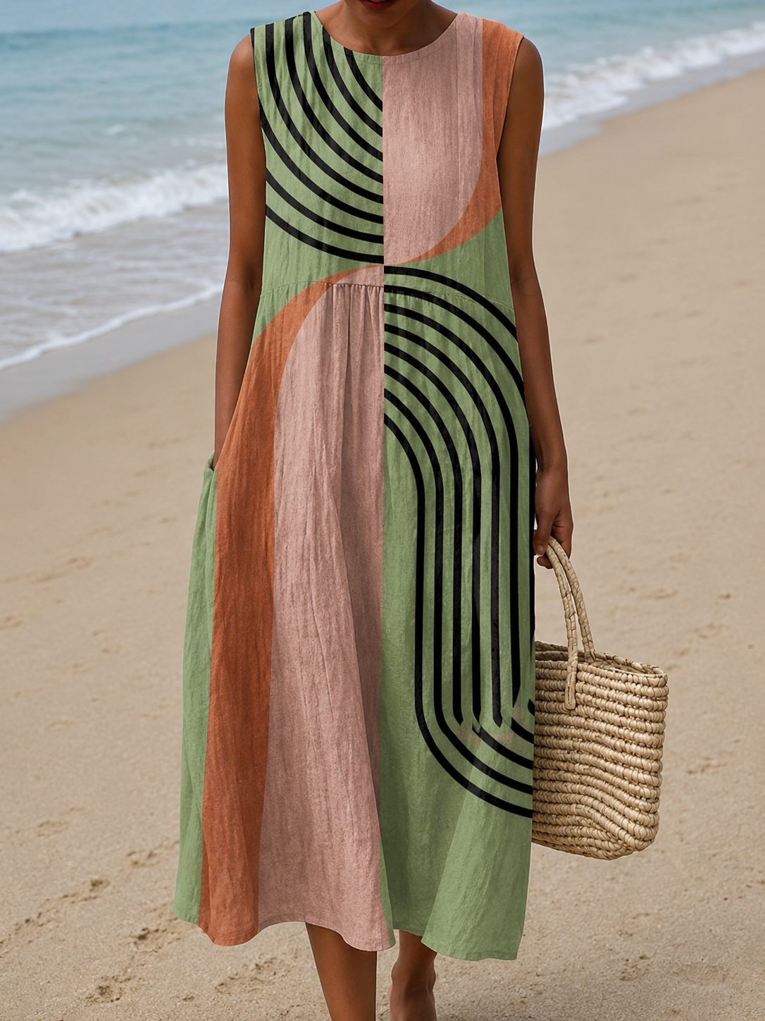 Victoria - Women's Sleeveless Printed Midi Casual Dress