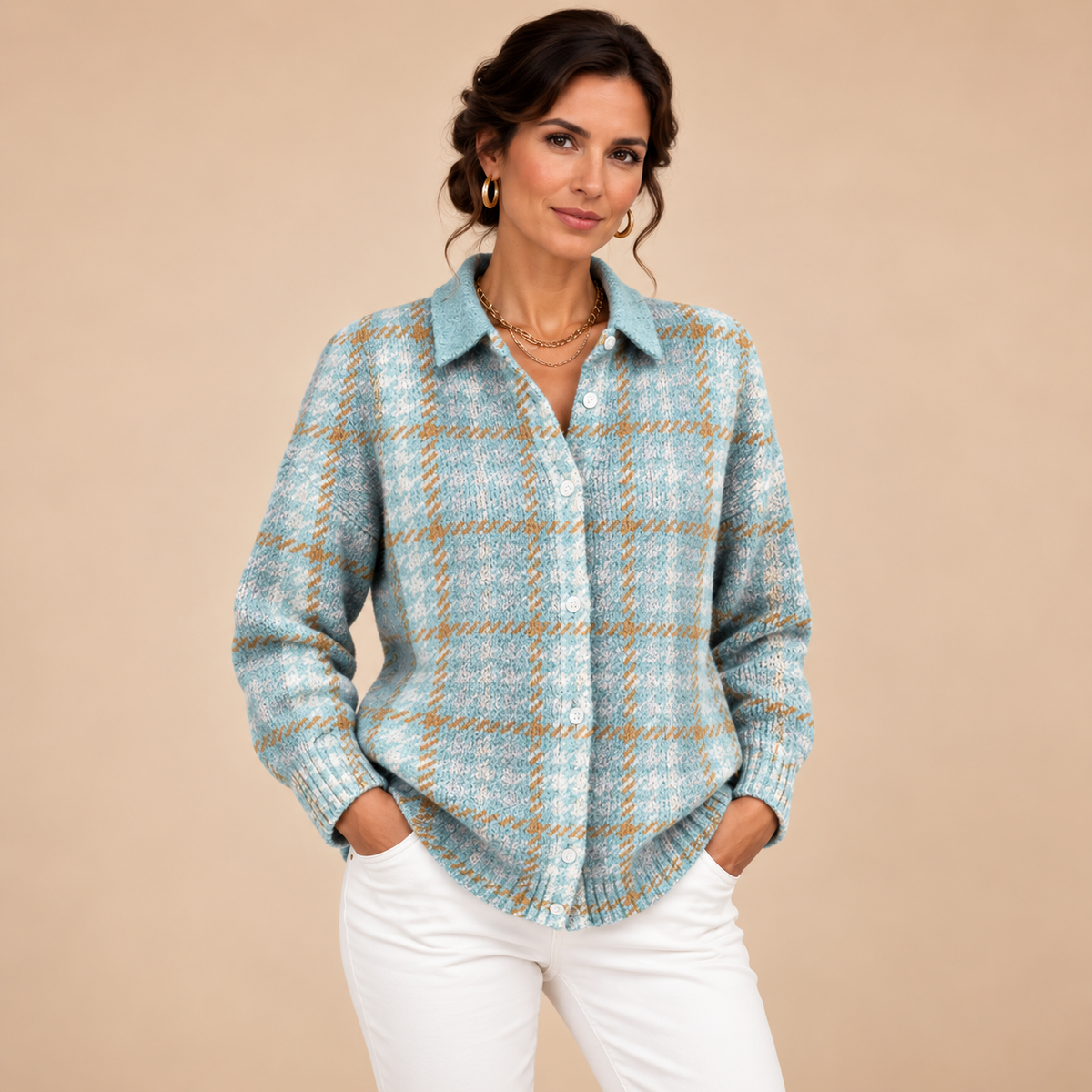Sky Blue Plaid Button Cardigan