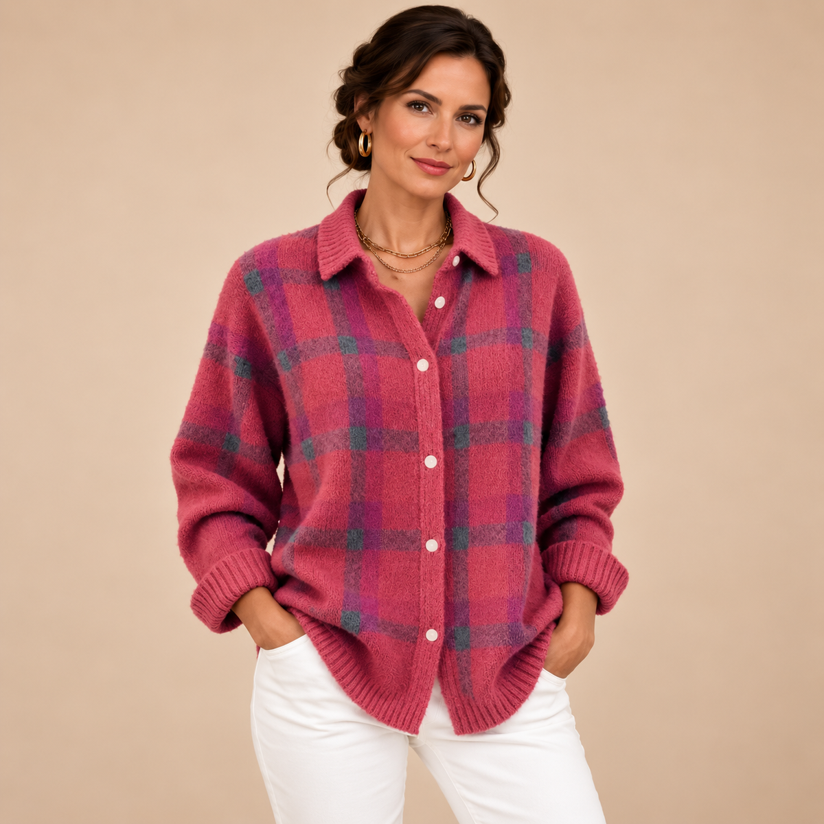 Collared Plaid Cardigan – Pink
