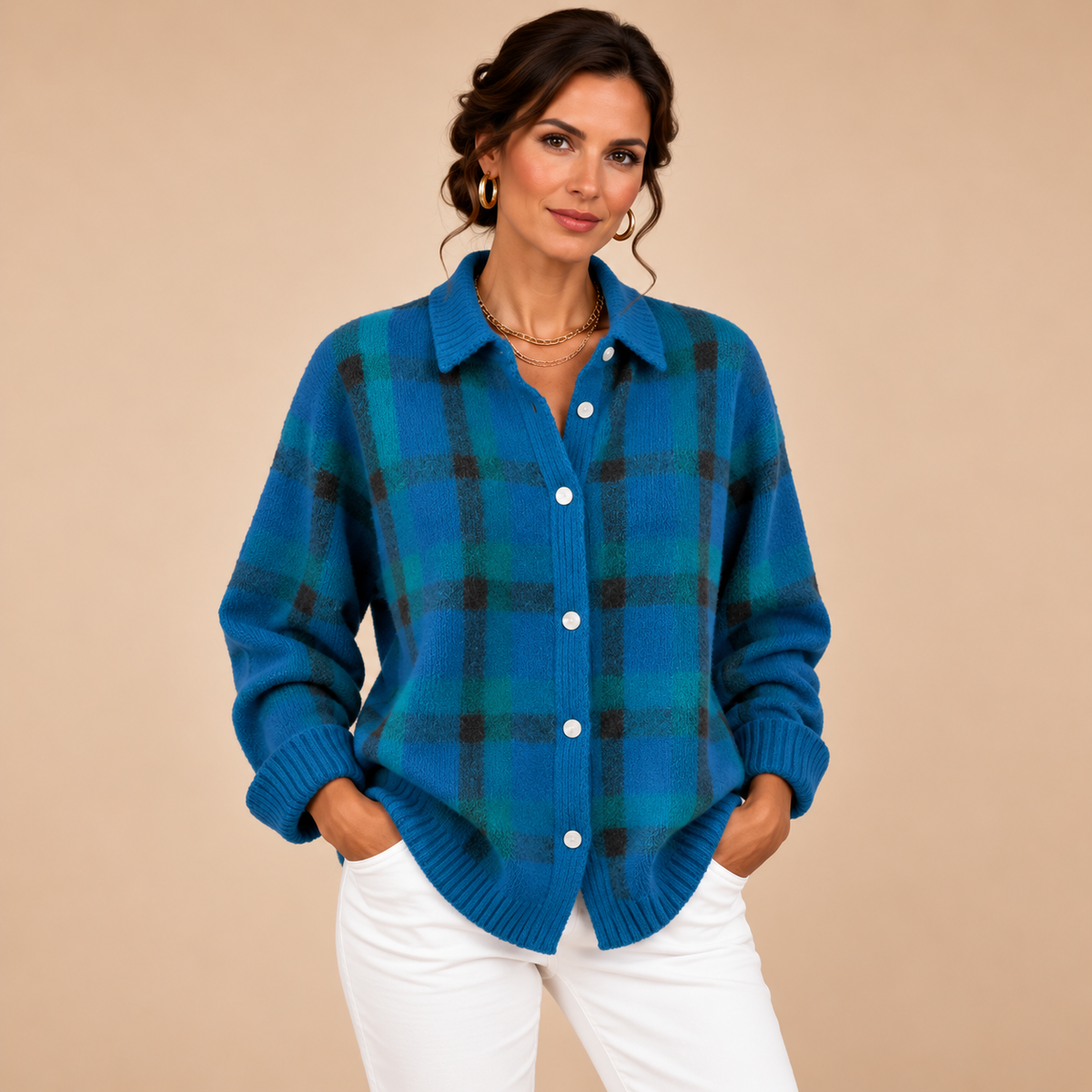 Brushed Knit Plaid Cardigan – Blue