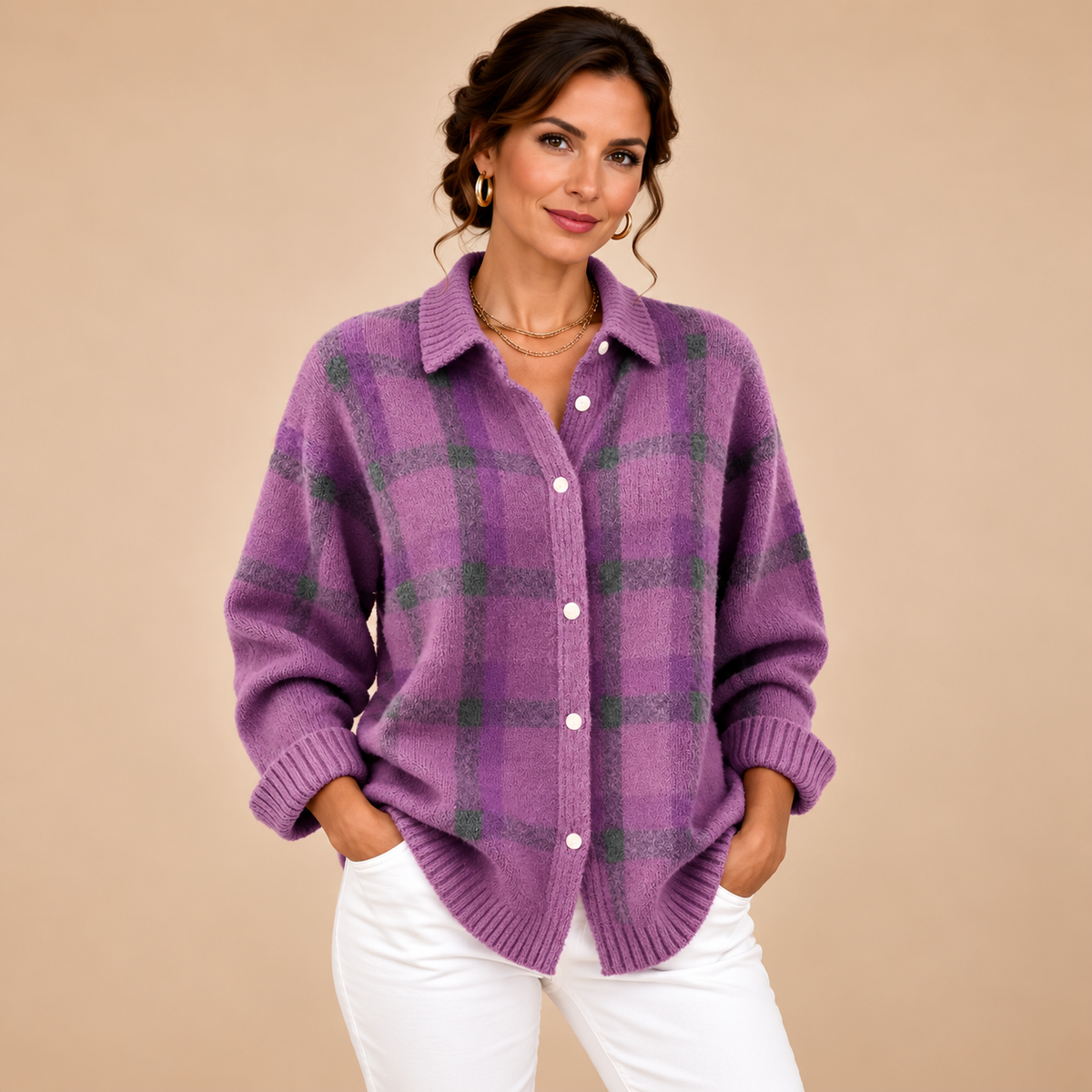 Relaxed Fit Checked Cardigan – Purple
