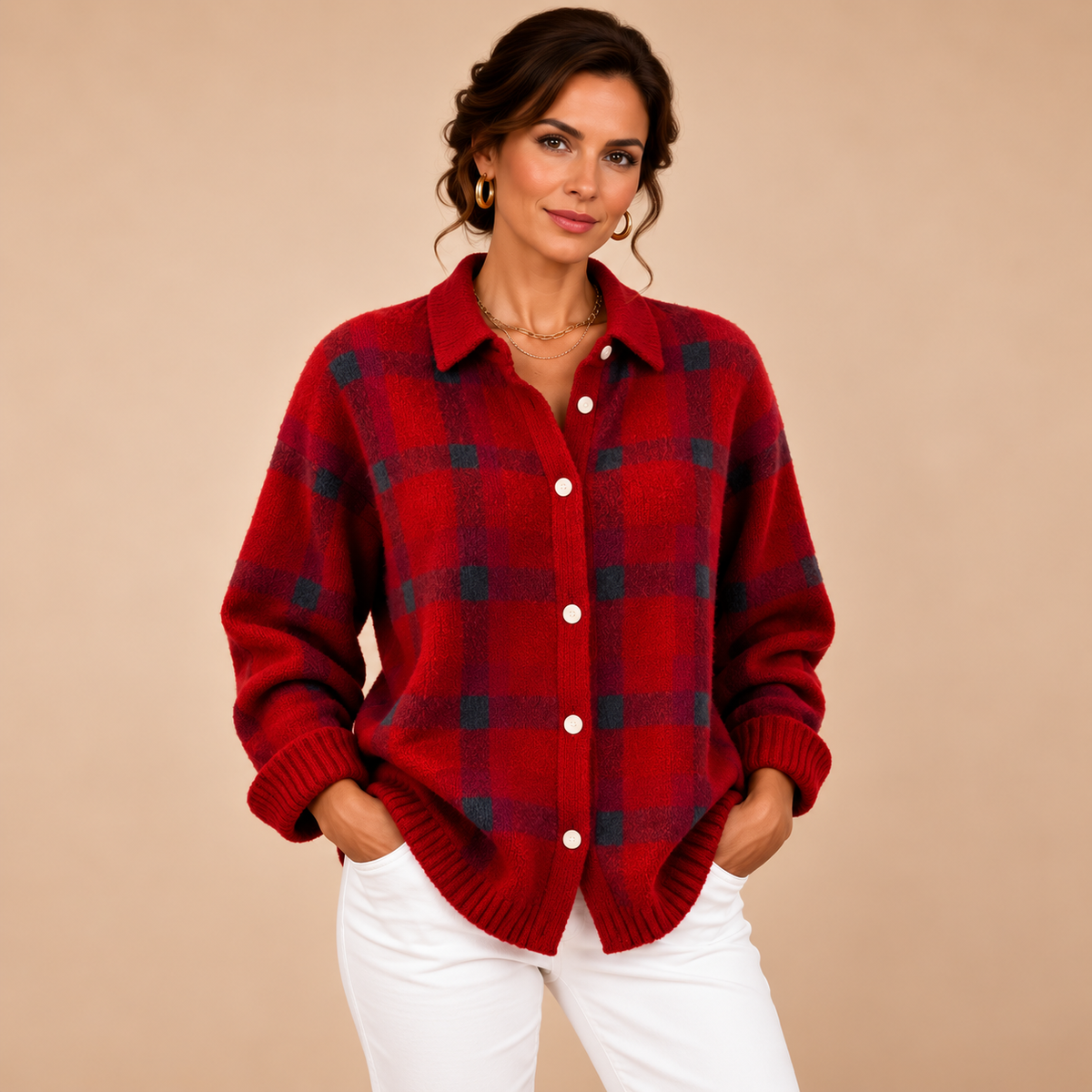 Soft Plaid Button Cardigan – Red
