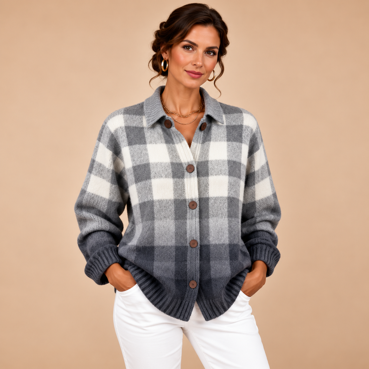 Gray Ombre Plaid Button Cardigan
