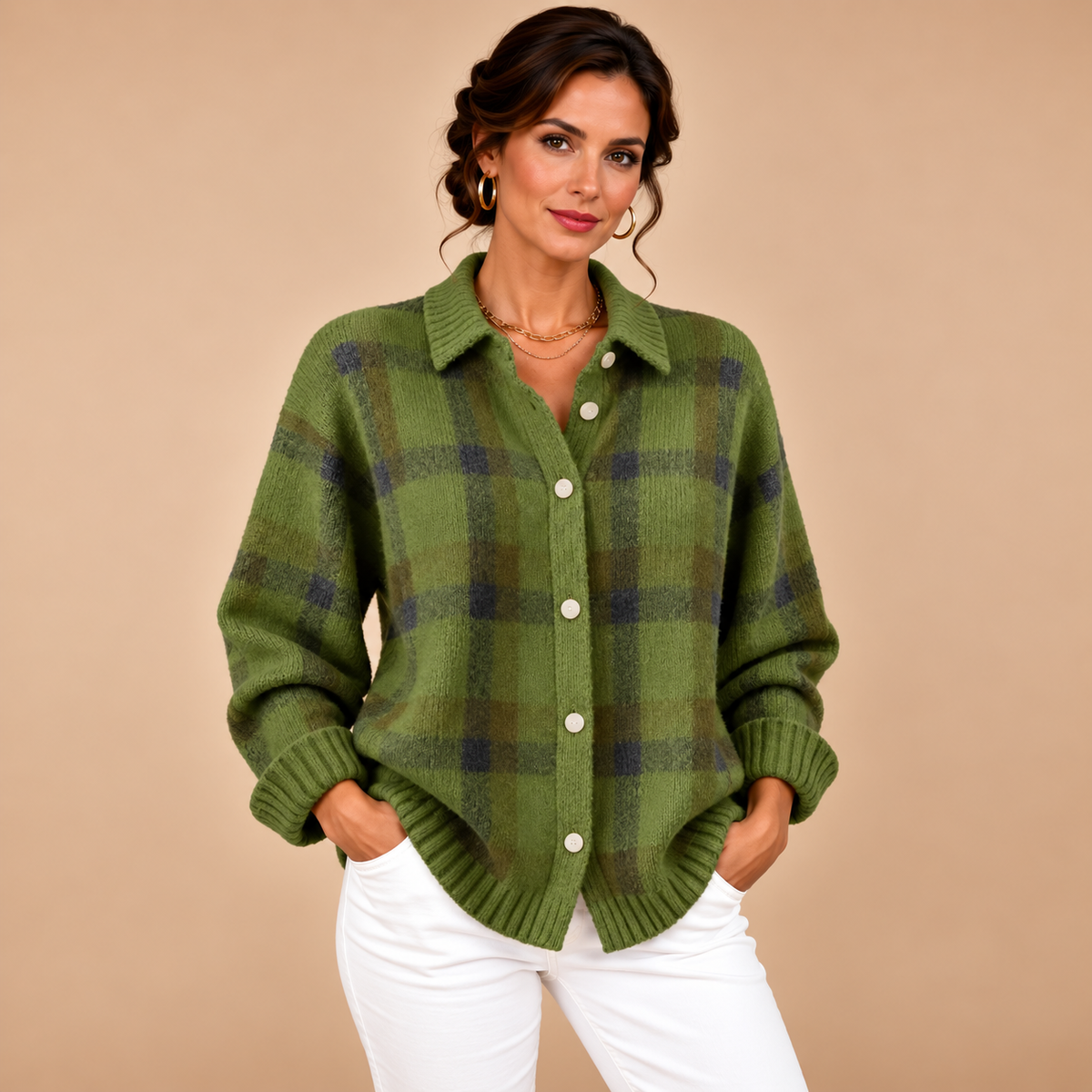 Everyday Plaid Button Cardigan – Green