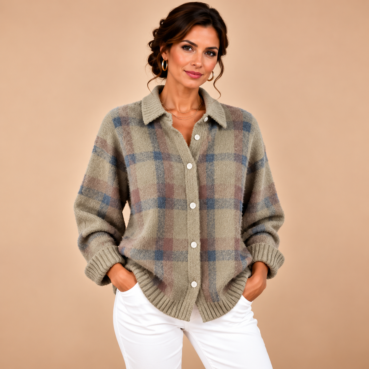 Cozy Checked Knit Cardigan – Brown