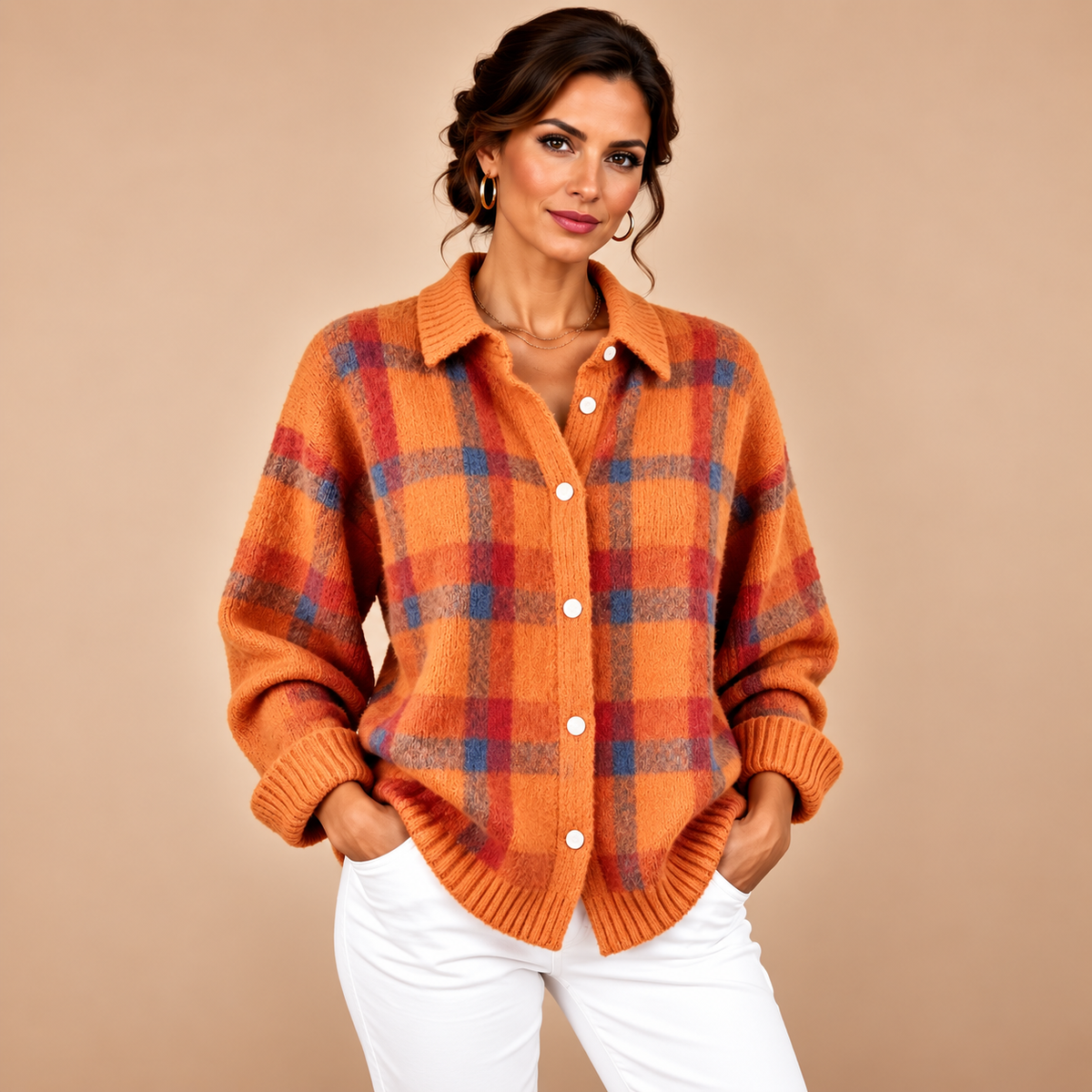 Plaid Button-Up Knit Cardigan