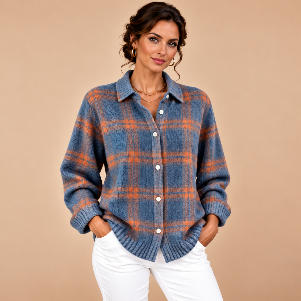 Blue Check Knit Cardigan