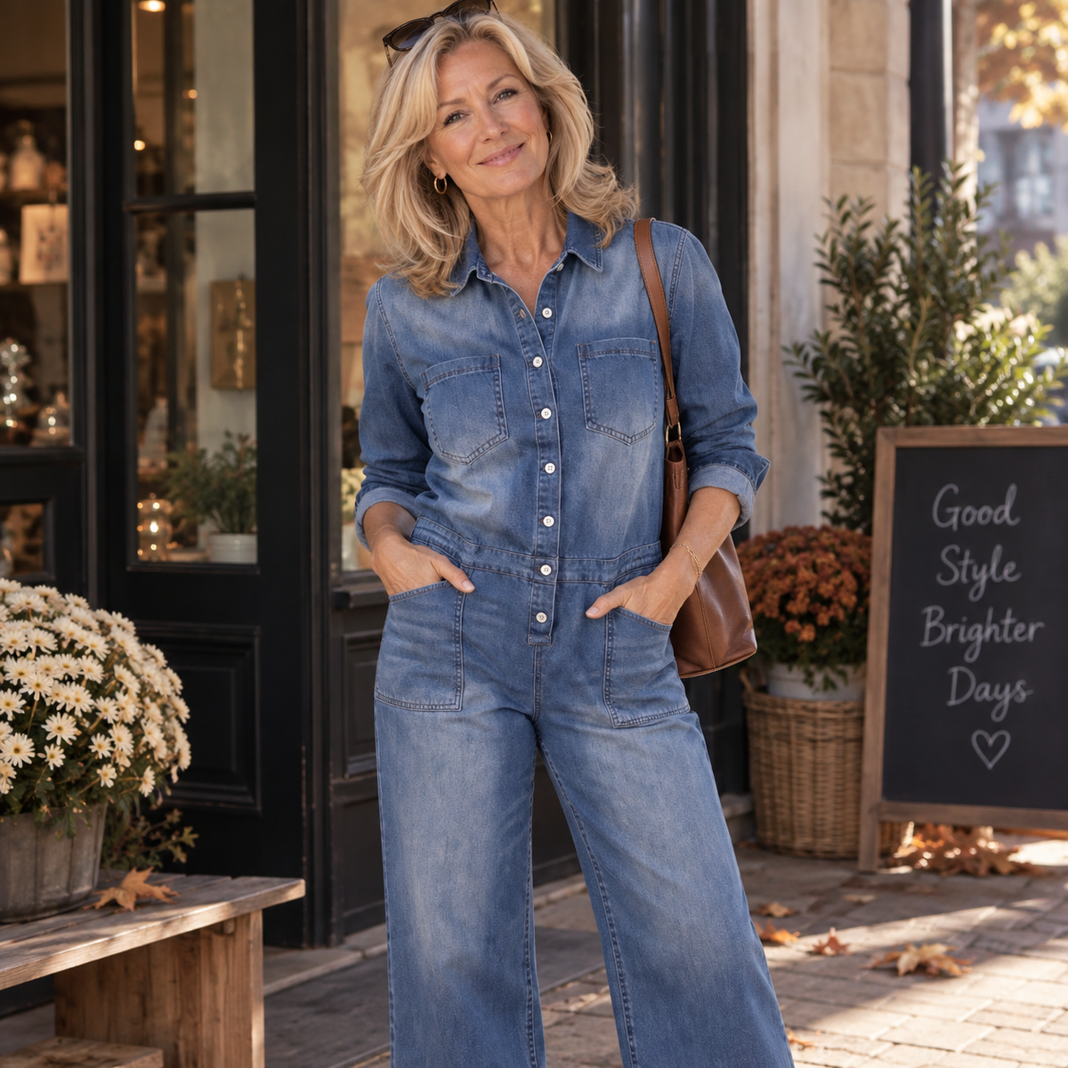 Women's Wide Leg Button Front Washed Denim Jumpsuit
