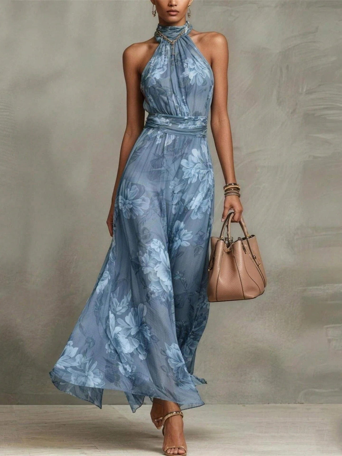 Adèle™ | Floral Chiffon Halter Maxi Dress
