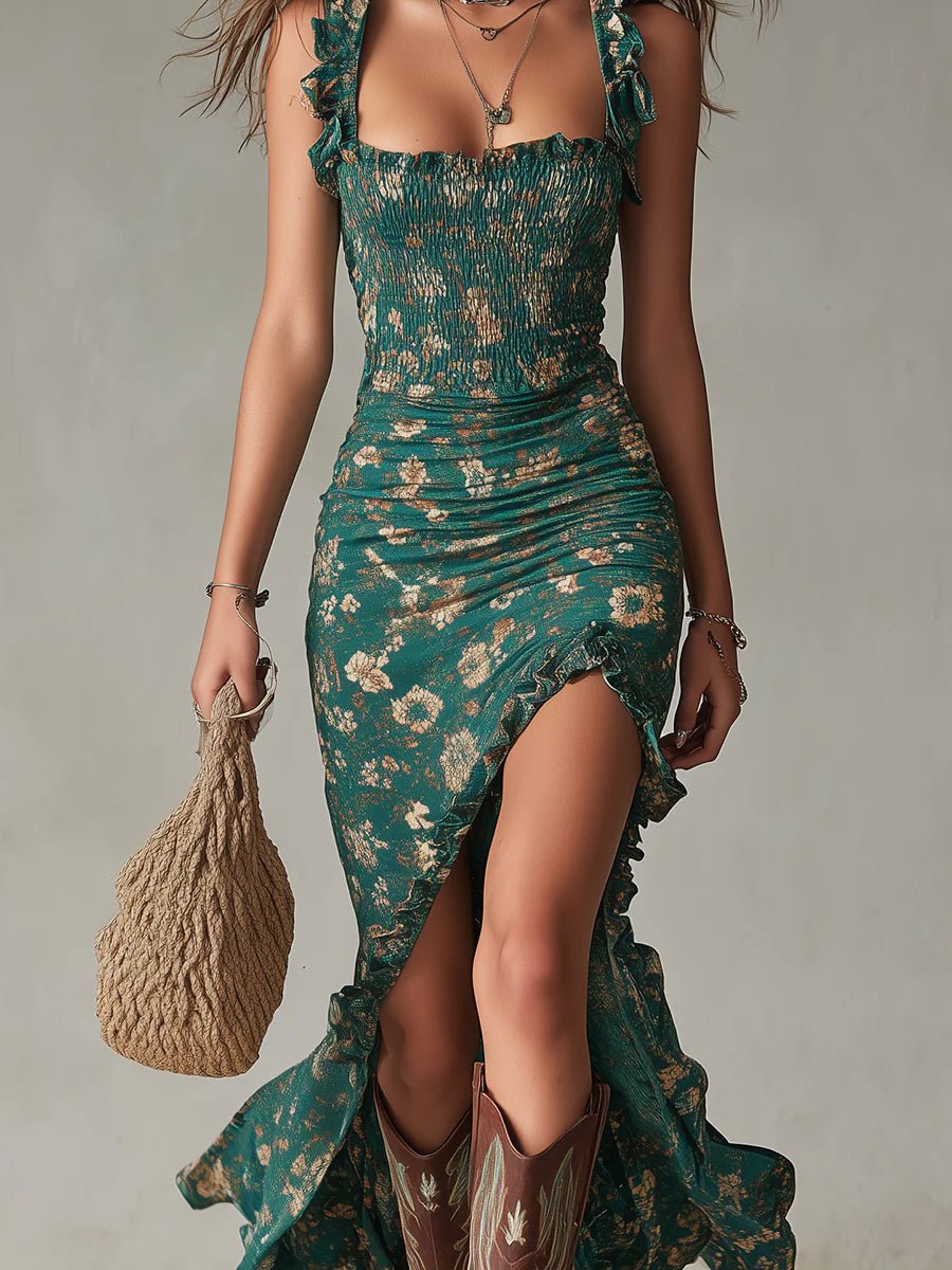 Giselle™ | Bohemian Printed Maxi Dress with Ruffled Sleeves
