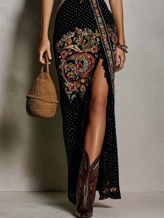 Héloïse™ | Bohemian Style Printed Dress with Deep V-Neck and High Split
