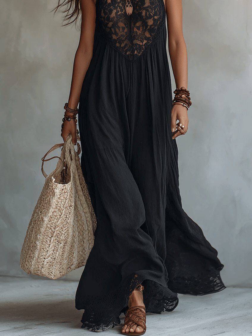 Marguerite™ | Bohemian Sleeveless Maxi Dress with Lace Trim