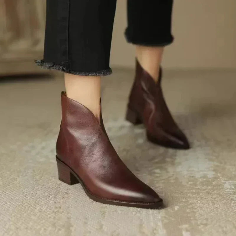 Boots For Women | Pointed Toe Ankle Block Heel Leather