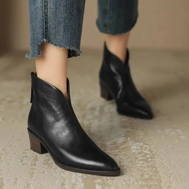 Boots For Women | Pointed Toe Ankle Block Heel Leather