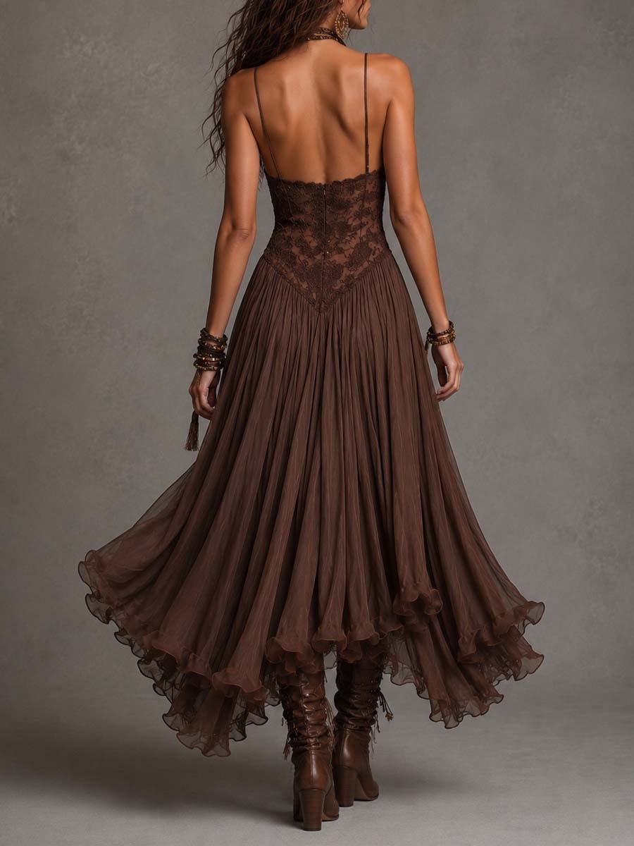 Ines™ | Chiffon Maxi Dress with Lace Panels