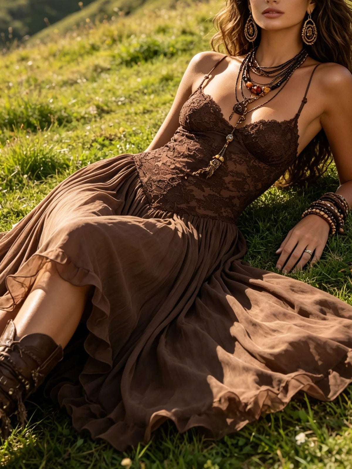 Ines™ | Chiffon Maxi Dress with Lace Panels
