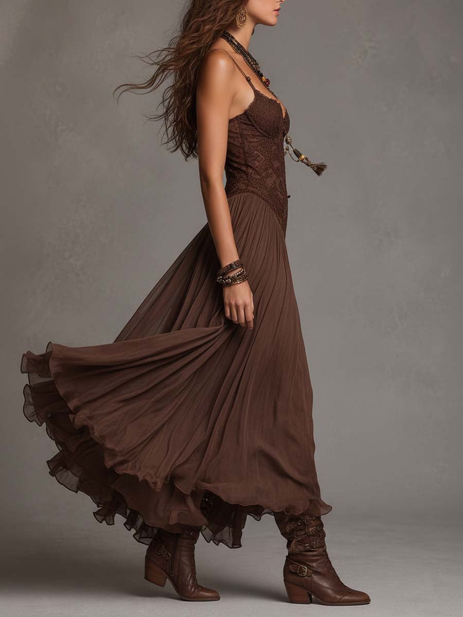 Ines™ | Chiffon Maxi Dress with Lace Panels