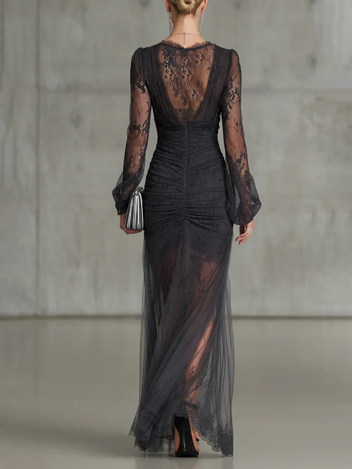 Eloise™ | Lace Ruffle Sheer Long Sleeve Split Maxi Dress