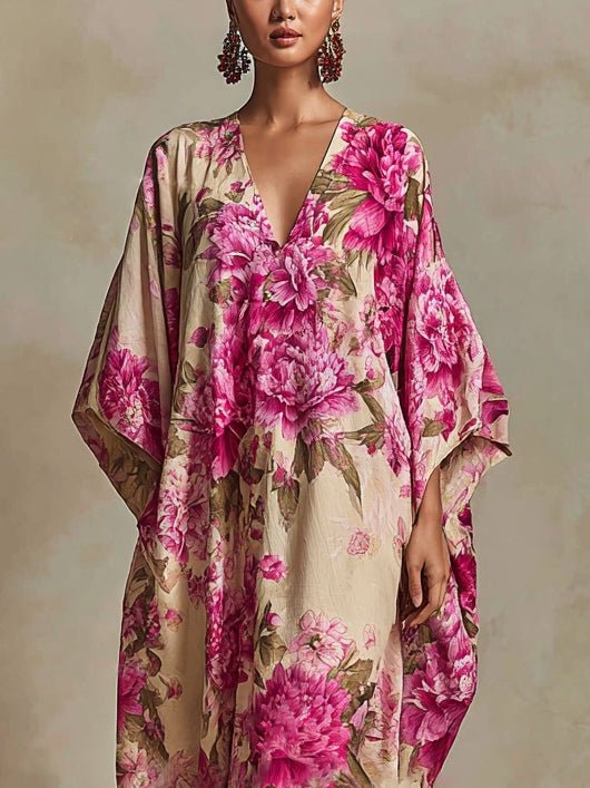 Élise™ | Floral Art Resort V-neck Batwing Sleeve Kaftan Maxi Dress