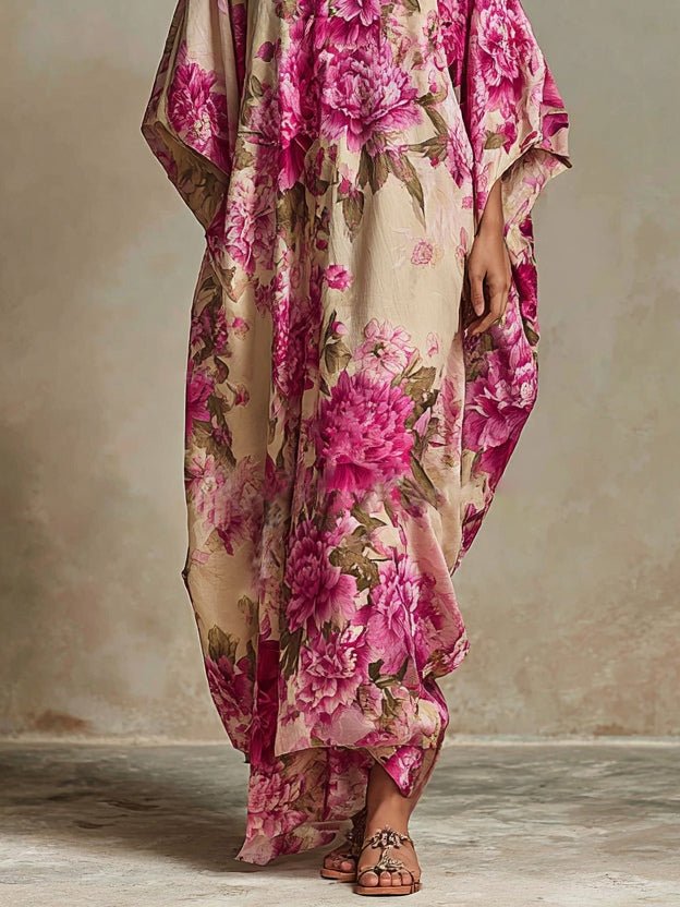 Élise™ | Floral Art Resort V-neck Batwing Sleeve Kaftan Maxi Dress