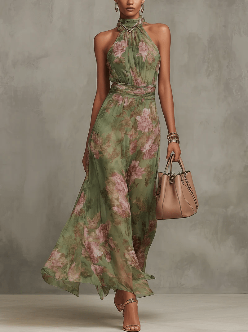 Adèle™ | Floral Chiffon Halter Maxi Dress