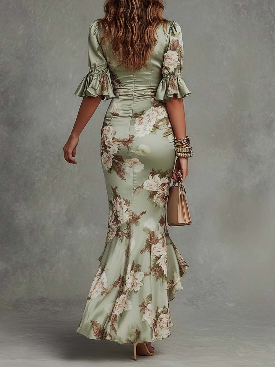 Léonie™ | Floral Ruffle Bell Sleeve V-Neck Satin Asymmetrical Maxi Dress