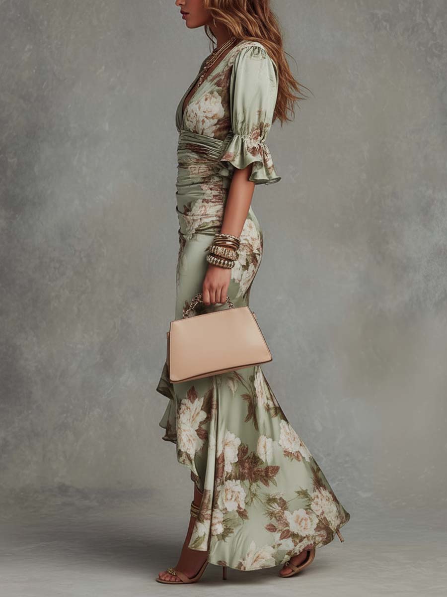 Léonie™ | Floral Ruffle Bell Sleeve V-Neck Satin Asymmetrical Maxi Dress