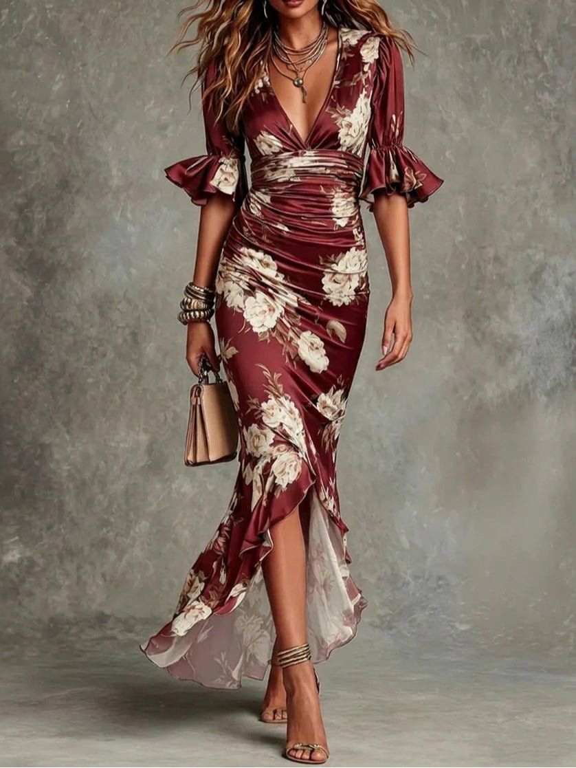 Léonie™ | Floral Ruffle Bell Sleeve V-Neck Satin Asymmetrical Maxi Dress