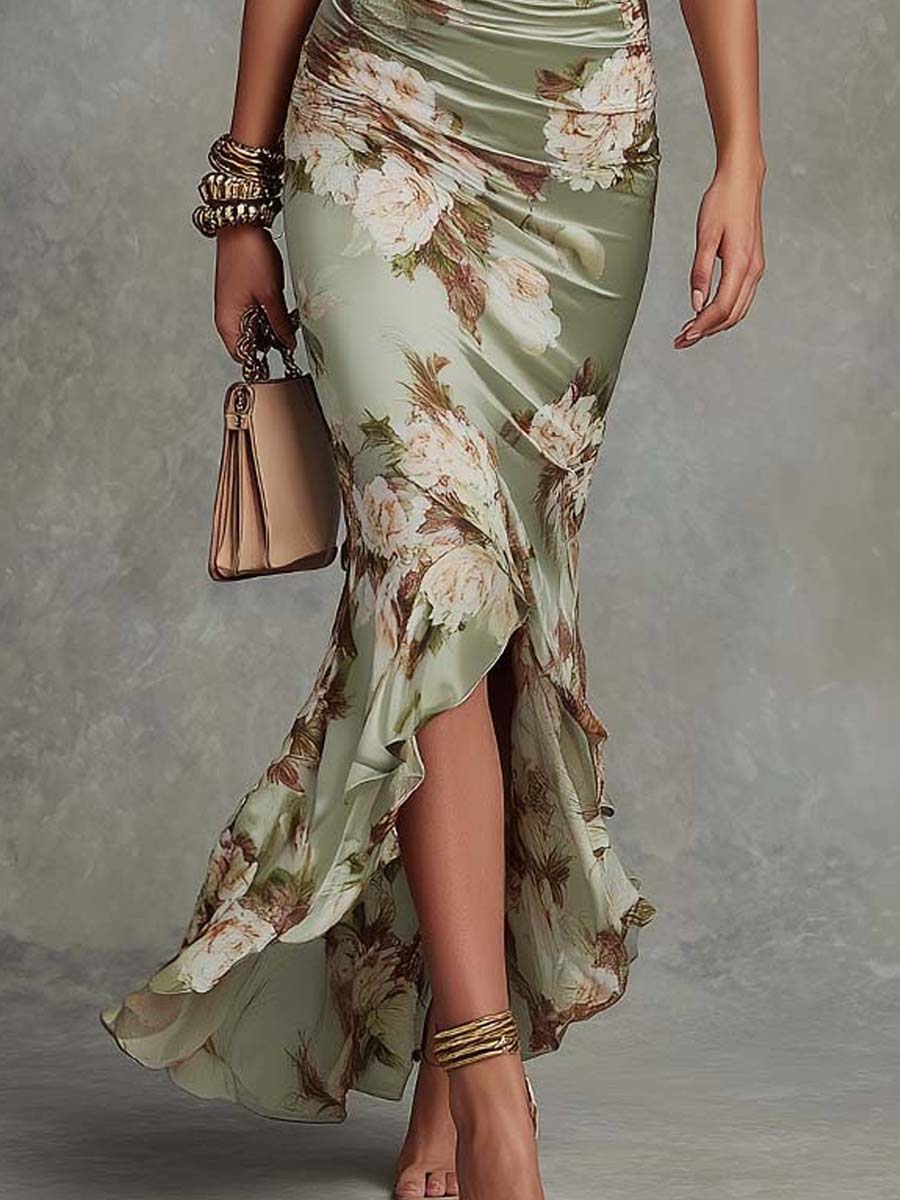 Léonie™ | Floral Ruffle Bell Sleeve V-Neck Satin Asymmetrical Maxi Dress