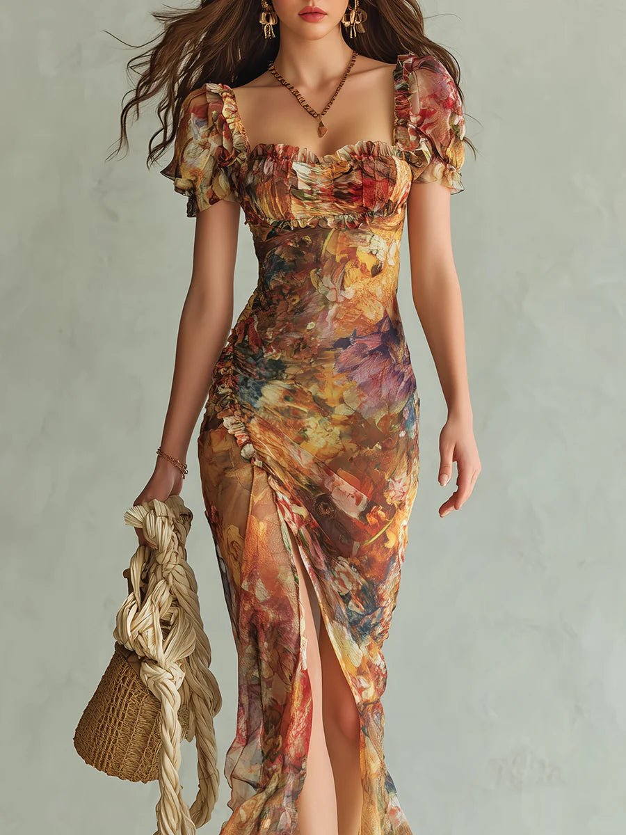 Colette™ | Bohemian Vacation Oil Painting Print Chiffon Maxi Dress