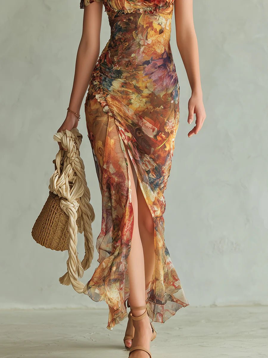 Colette™ | Bohemian Vacation Oil Painting Print Chiffon Maxi Dress