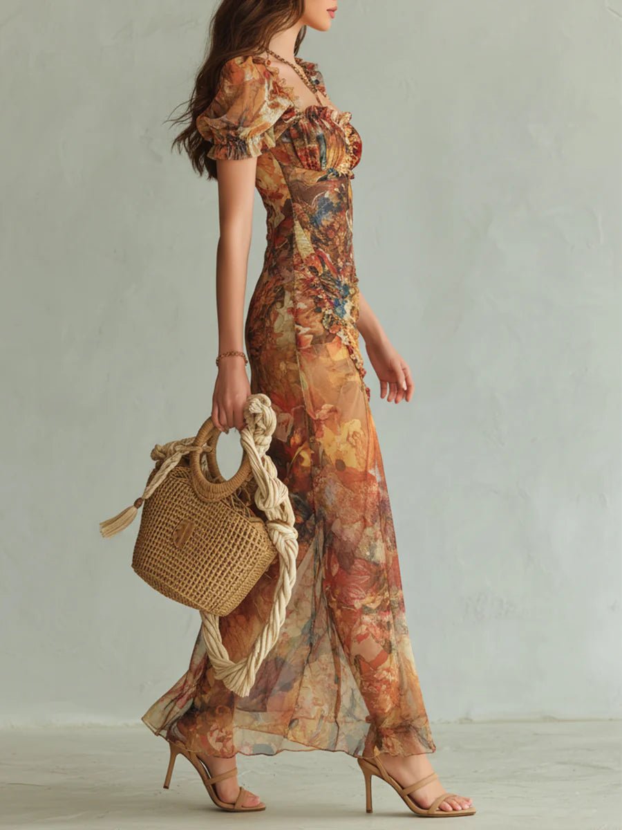 Colette™ | Bohemian Vacation Oil Painting Print Chiffon Maxi Dress