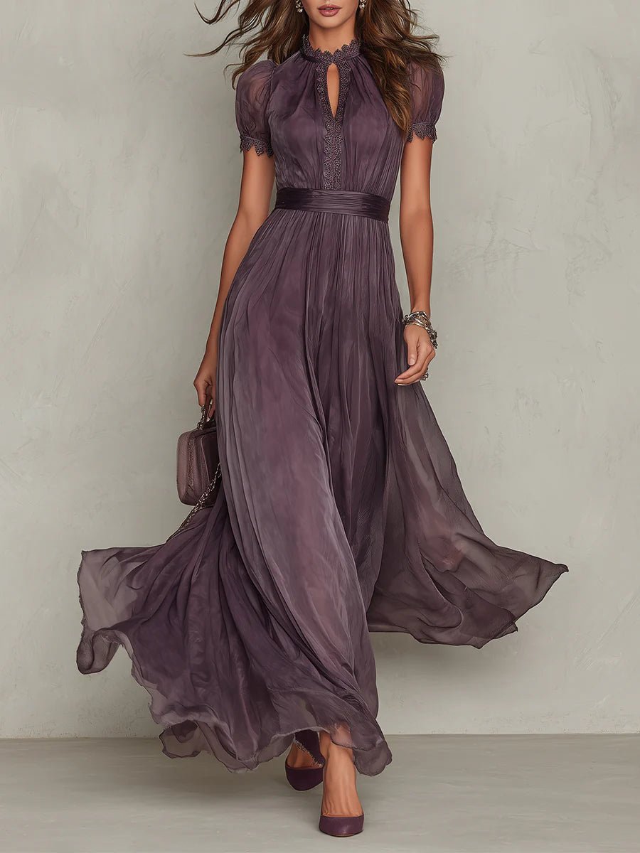 Valentine™ | Keyhole Neckline Chiffon Lace Trim Maxi Dress