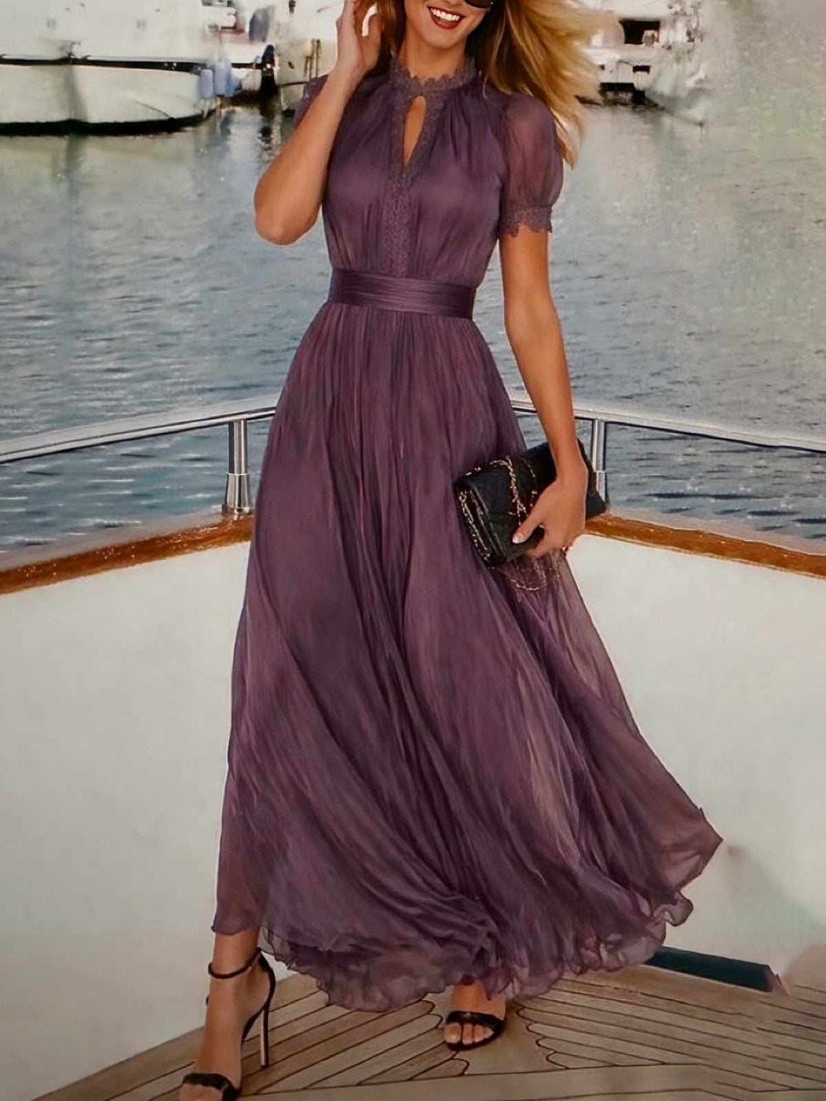 Valentine™ | Keyhole Neckline Chiffon Lace Trim Maxi Dress