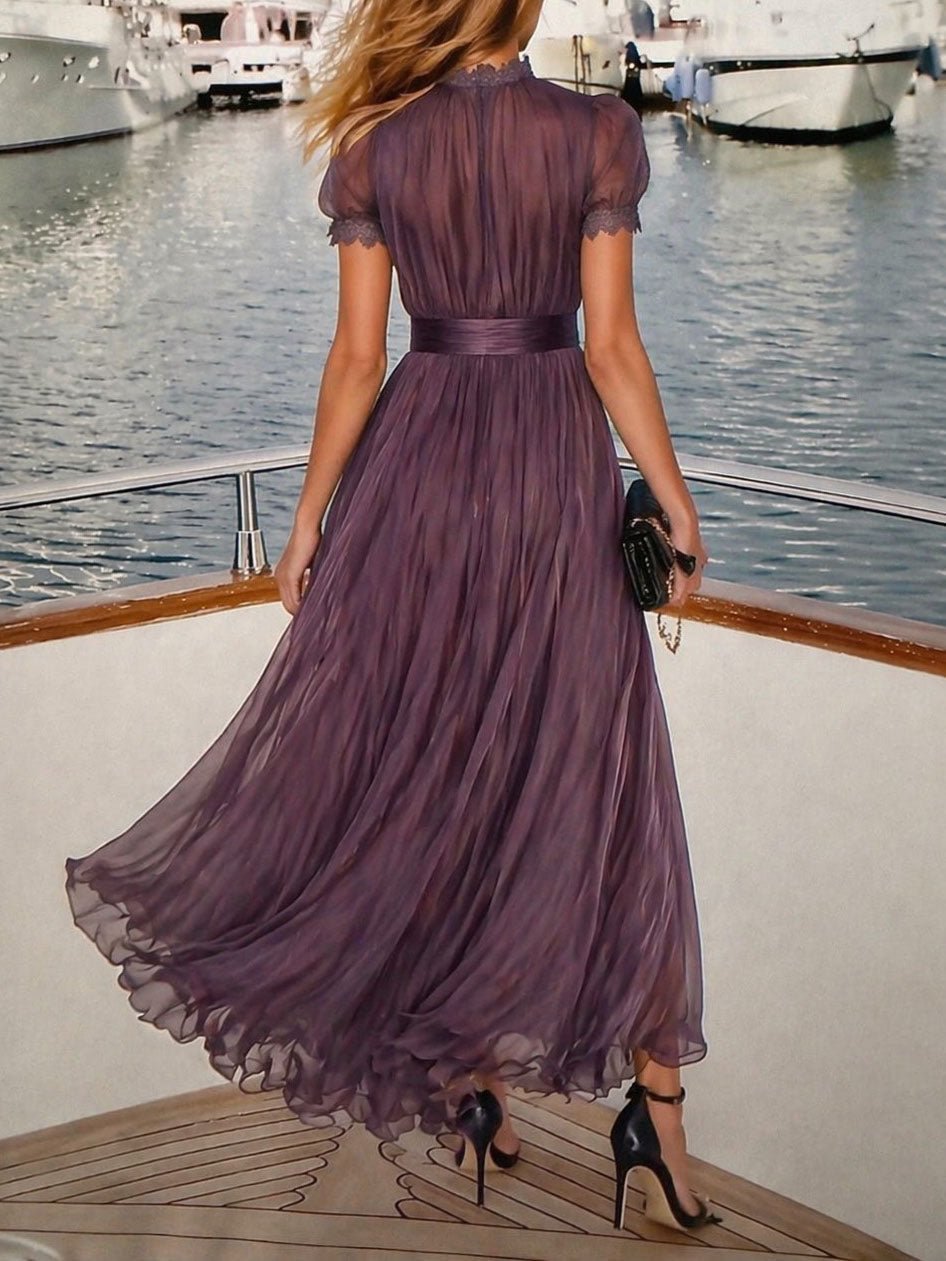 Valentine™ | Keyhole Neckline Chiffon Lace Trim Maxi Dress