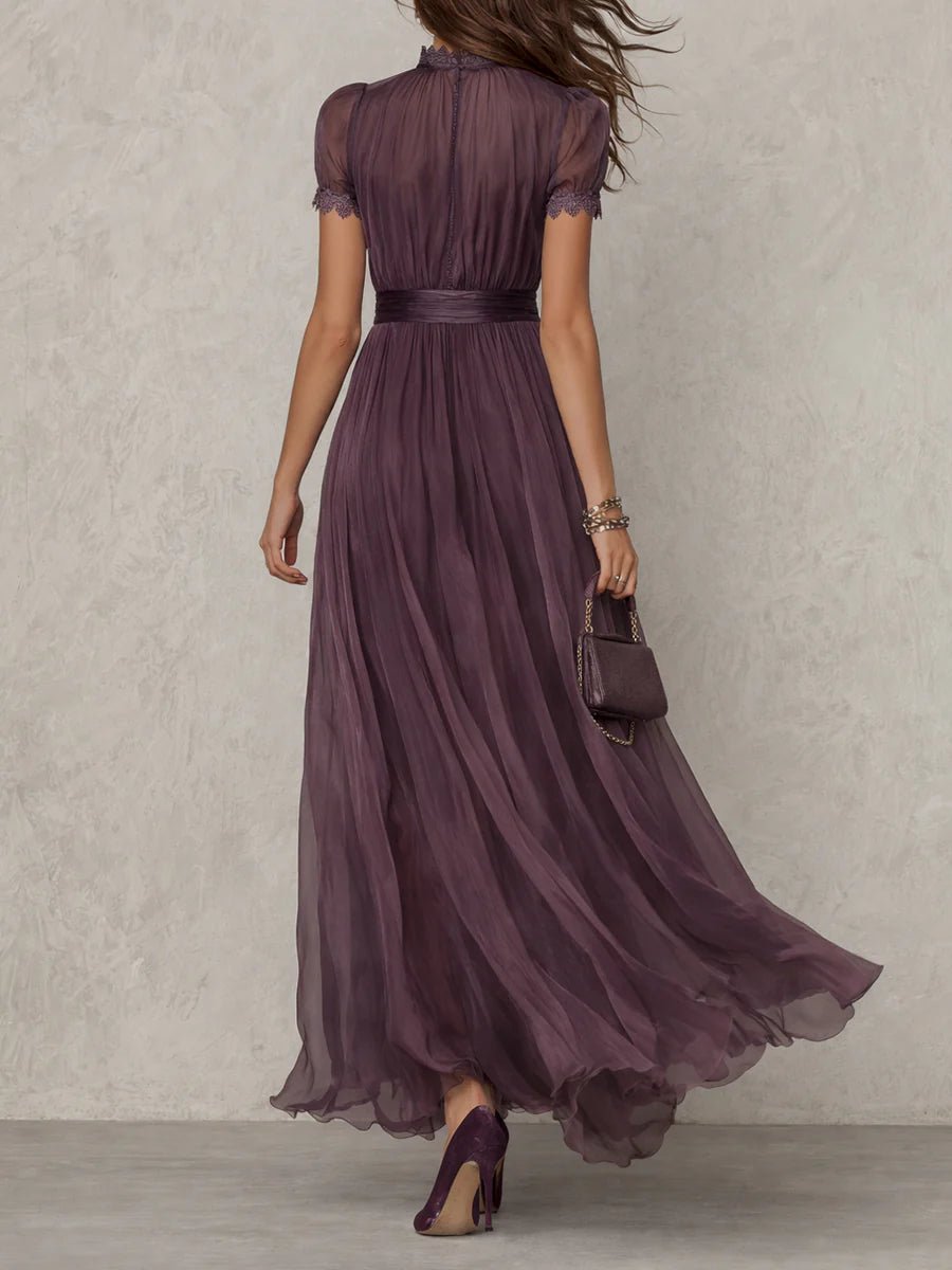 Valentine™ | Keyhole Neckline Chiffon Lace Trim Maxi Dress