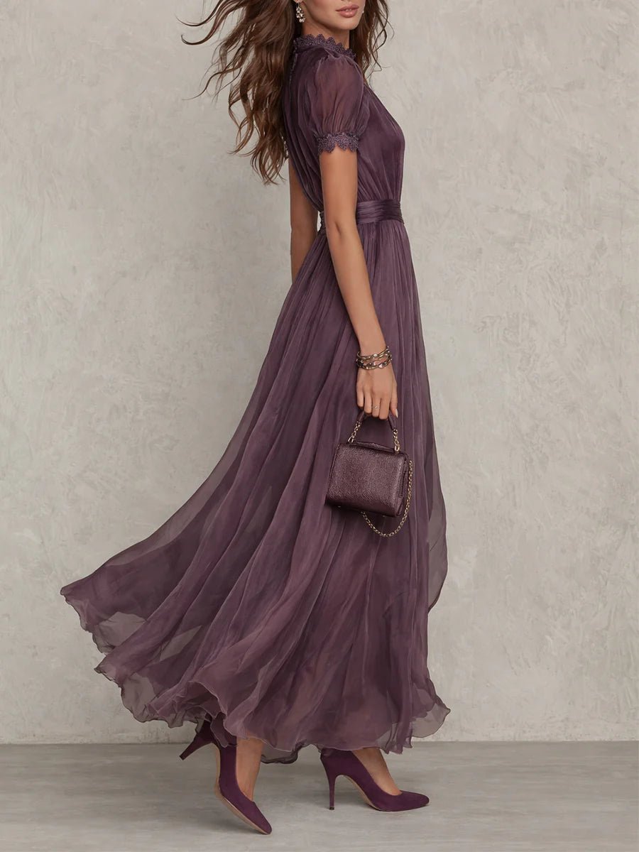 Valentine™ | Keyhole Neckline Chiffon Lace Trim Maxi Dress