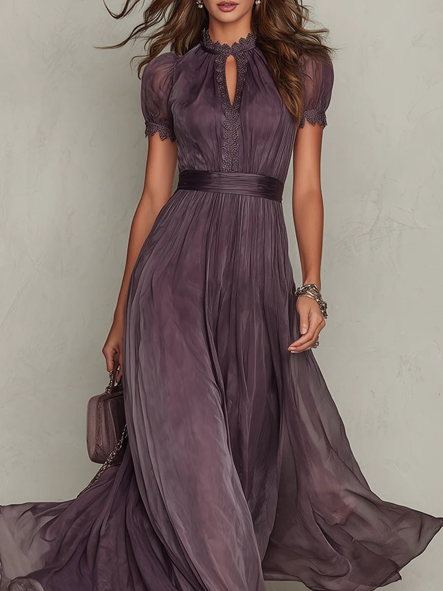 Valentine™ | Keyhole Neckline Chiffon Lace Trim Maxi Dress
