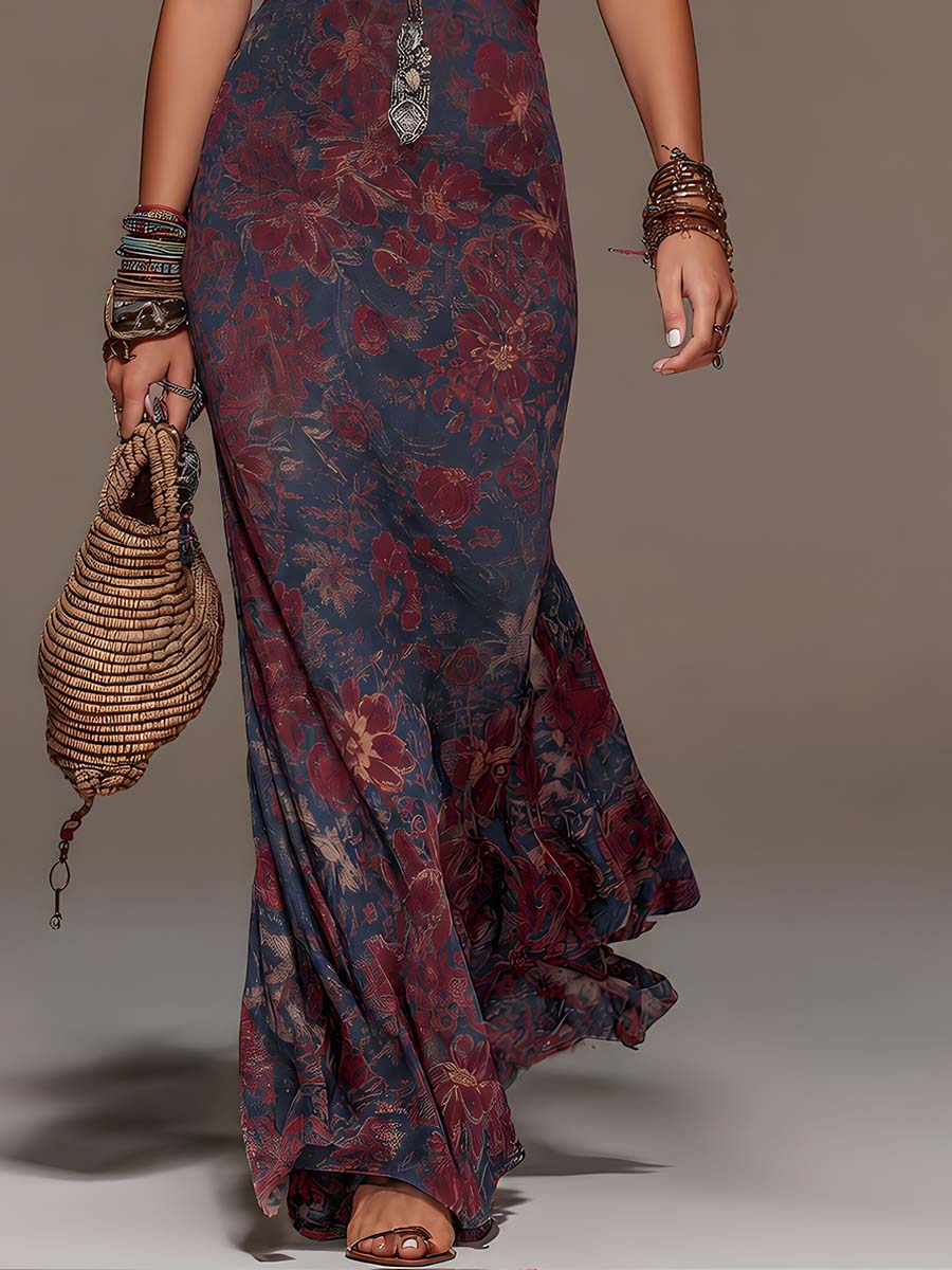 Béatrice™ | Retro Lace Halter Neck Floral Fishtail Maxi Dress