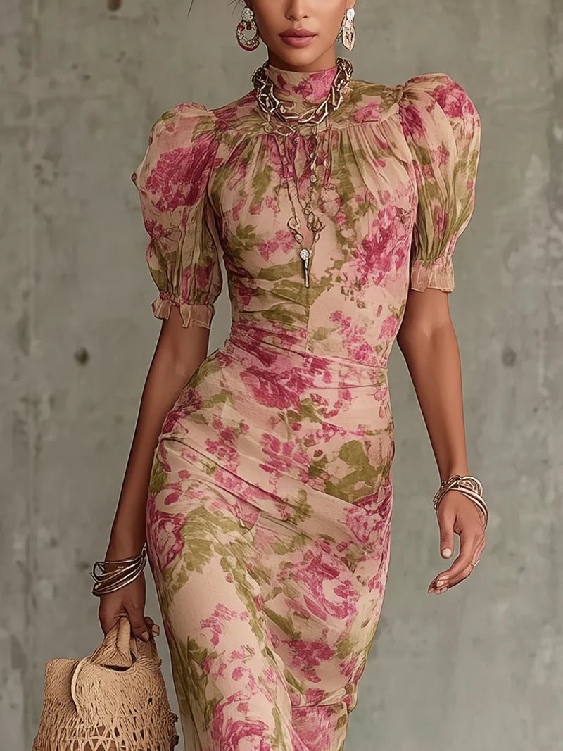 Océane™ | Vintage Rose Print Maxi Dress with Puff Sleeves (Accessories not included)