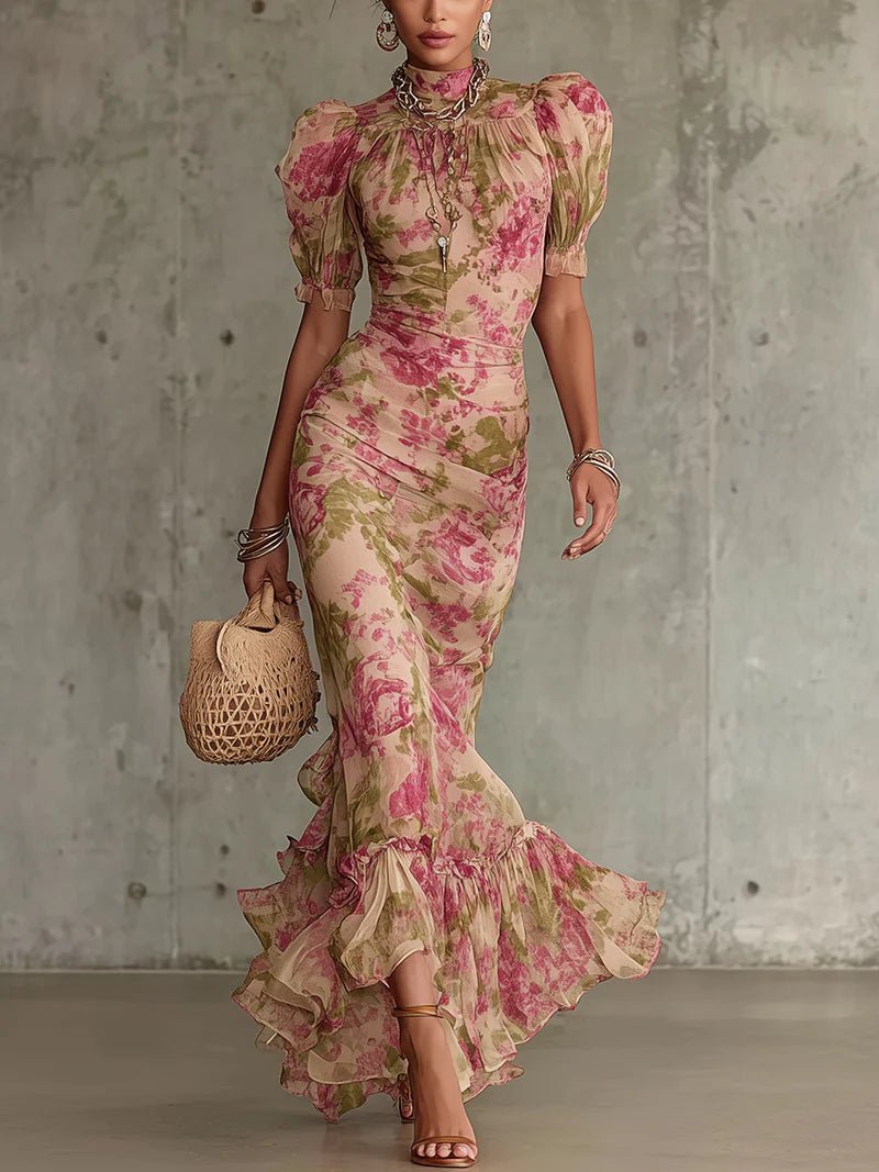 Océane™ | Vintage Rose Print Maxi Dress with Puff Sleeves (Accessories not included)