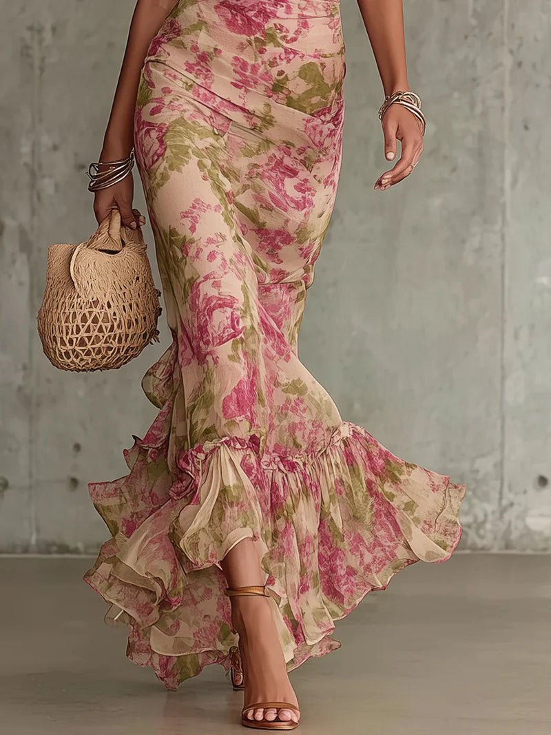 Océane™ | Vintage Rose Print Maxi Dress with Puff Sleeves (Accessories not included)