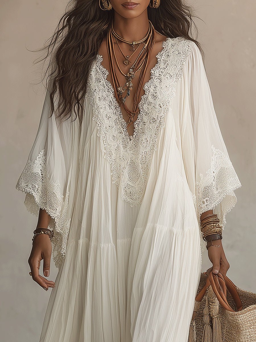 Clémence™ | Lace V-Neck Batwing Sleeve Chiffon Maxi Dress