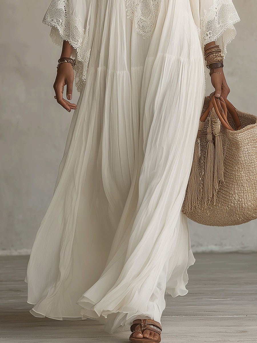 Clémence™ | Lace V-Neck Batwing Sleeve Chiffon Maxi Dress