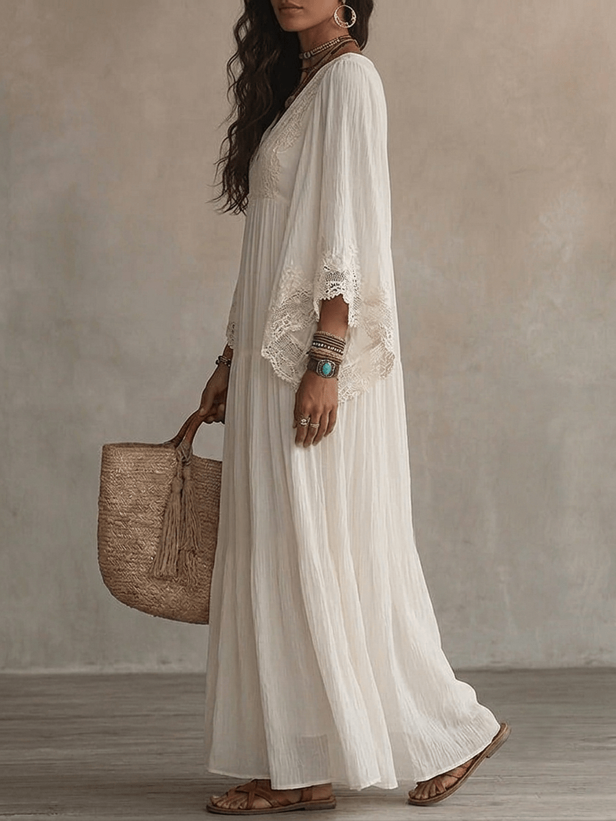Clémence™ | Lace V-Neck Batwing Sleeve Chiffon Maxi Dress