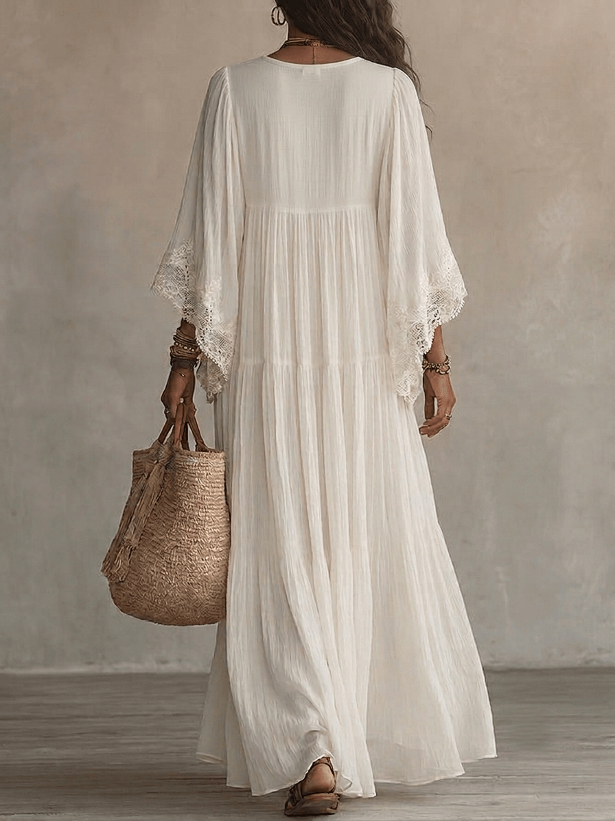 Clémence™ | Lace V-Neck Batwing Sleeve Chiffon Maxi Dress