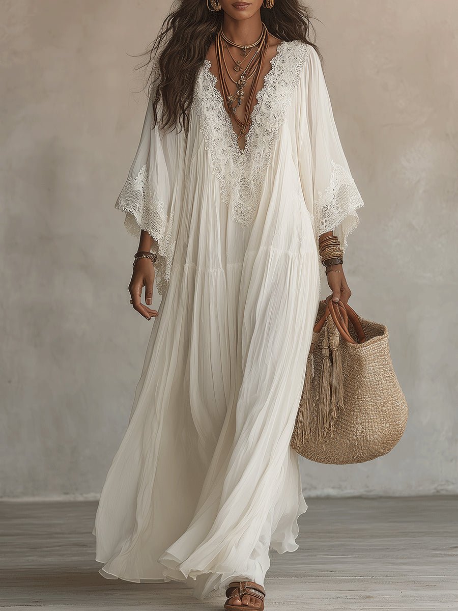 Clémence™ | Lace V-Neck Batwing Sleeve Chiffon Maxi Dress